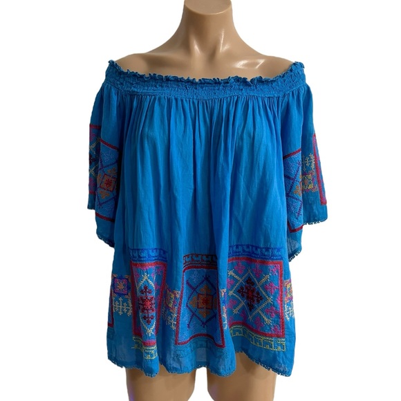 ANTHROPOLOGIE RUBY YAYA CROSS STITCH BLUE OFF THE SHOULDER TOP SZ M - Picture 2 of 5